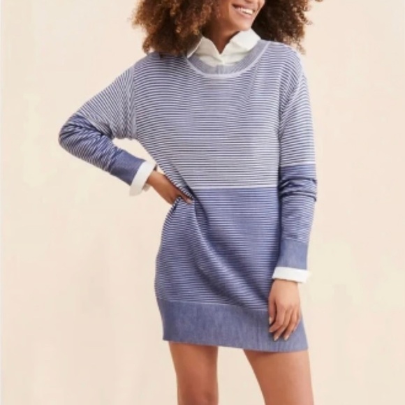 ANTHROPOLOGIE Daily Practice SM White Blue Striped SOFT Knit Sweater Dress Tunic - Picture 1 of 12